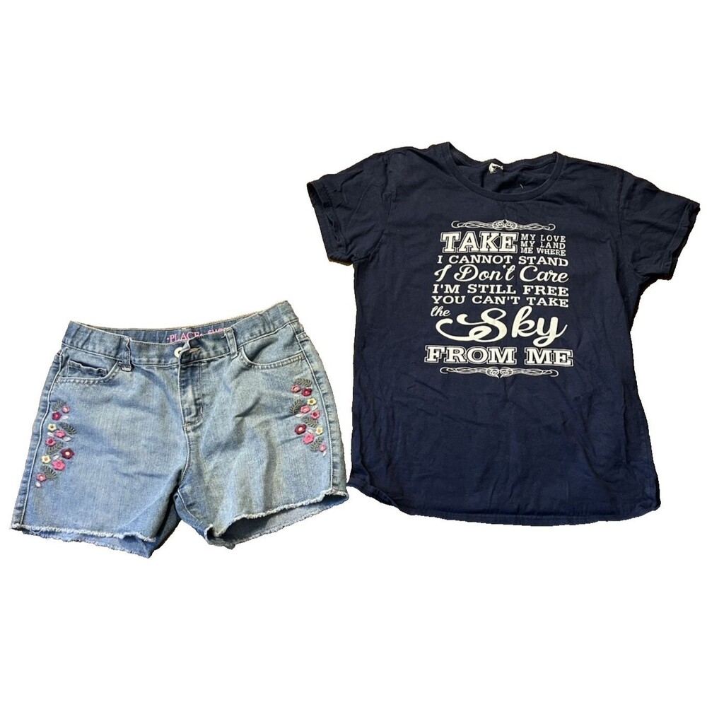 Girls Size 14 Lot Denim Embroidered Shorts + Navy Graphic Tee Casual Outfit
